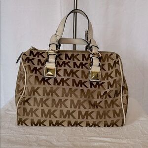 MICHAEL KORS GRAYSON medium brown signature logo satchel handbag.